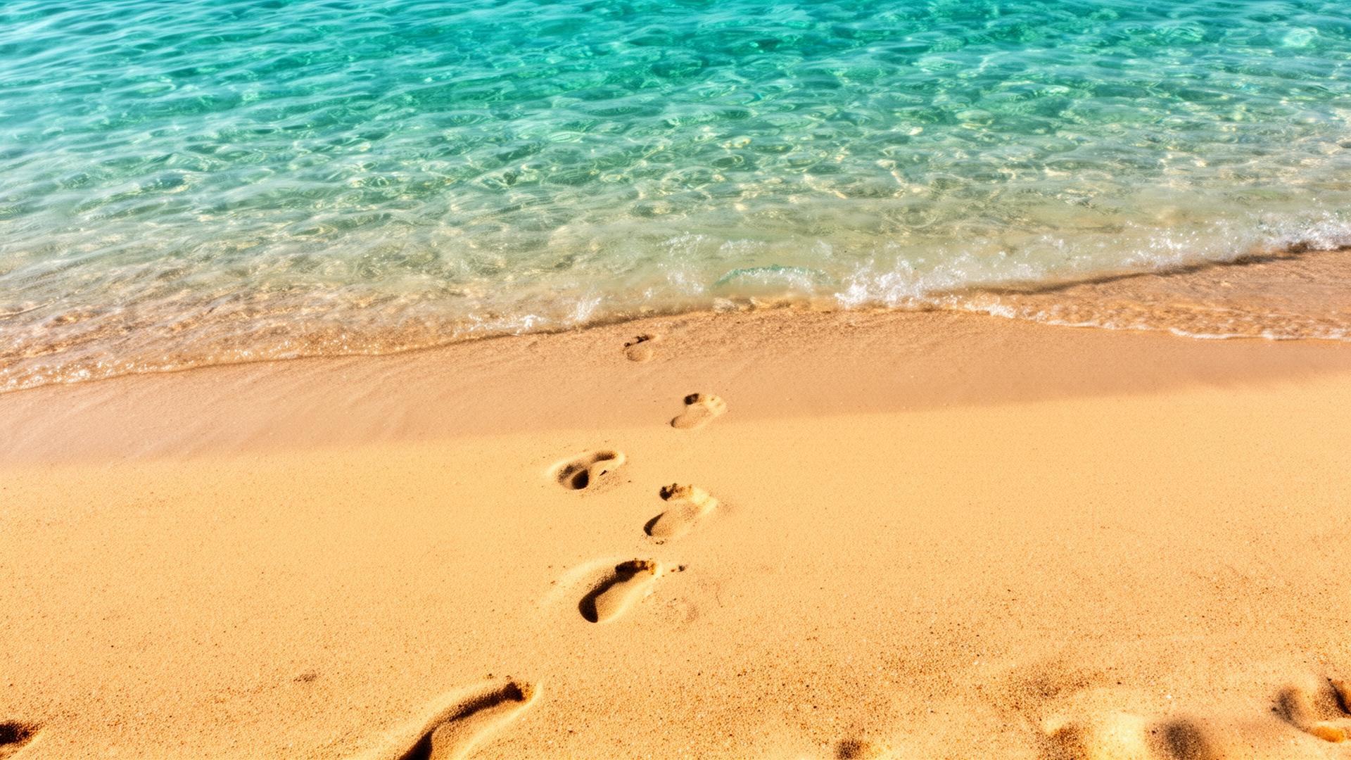 Footprints leading to the turquoise sea