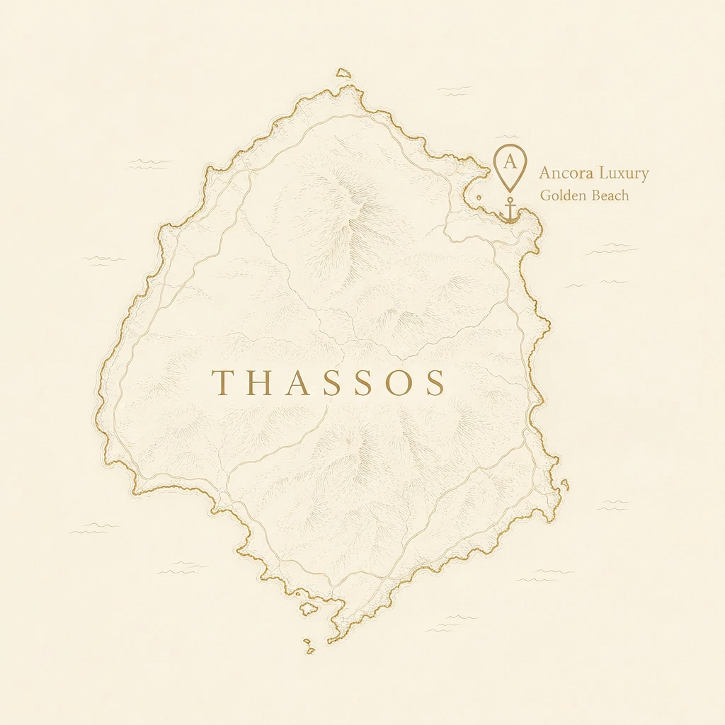 Illustrated map of Thassos showing ANCORA at Golden Beach